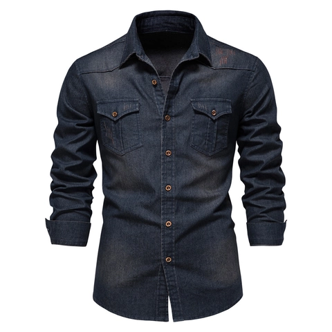 AIOPESON Camisa de Mezclilla de Algodón de Manga Larga para Hombre Ajuste Ceñido Casual Lavado Workwear Vintage Color Sólido Solapa Top para Oficina Estilo Urbano