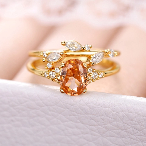 Stackable Oval Champagne Cubic Zirconia Copper Rings Floral Leaf Branch Design Elegant Bridal Jewelry For Women