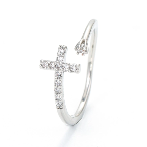 Cross Open Adjustable Ring Micro Pave Cubic Zirconia Copper Gold Plated Minimalist Jewelry For Women