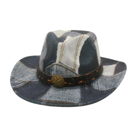 Cappello Da Cowboy In Denim Patchwork Fedora Western Vintage Con Cinturino In Pelle Fibbia A Stella Protezione Solare Unisex