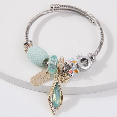 Women Beaded Bangle Bracelet Stainless Steel Wire Alloy Crystal Charm Twisted Cable Elegant Jewelry