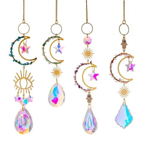 Kristall Suncatcher Mond Stern Hamsa Hand Metall Anhänger Fensterbehang Regenbogenmacher Prisma Ball Dekoration