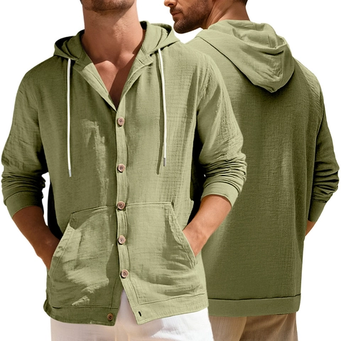 Chemise À Capuche Pour Hommes Mélange De Lin Décontracté Manches Longues Boutonné Plage Vacances Coupe Ample Couleur Unie Avec Poche