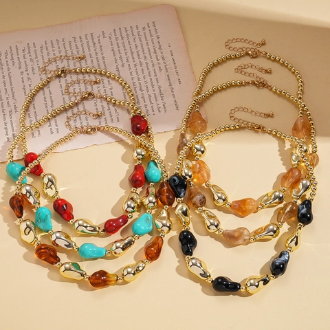 Chunky Beaded Necklace With Acrylic Irregular Geometric Beads And Stainless Steel Metal Accents Bohemian Retro For Women