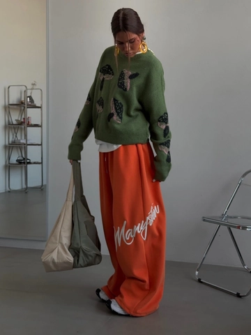 Pull Femme Motif Champignon Col Rond Manches Longues Décontracté Oversize Tricot Coton Mélangé Vert