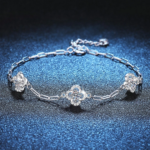 Pulsera de Moissanita de Plata de Ley S925 Color D Trébol de Cuatro Hojas Flor Pulsera de Eslabones para Mujer Joyería Elegante Regalo