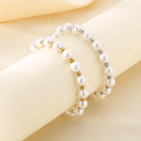 Bracciale in Acciaio al Titanio con Perle Artificiali Dolce Fresco per Donna Perline Oro Argento Chiusura a Moschettone