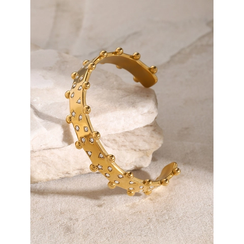 Pendientes De Aro En Forma De C De Acero Inoxidable Chapado En Oro De 18K Con Diamantes De Imitación Borde De Cuentas Para Mujeres