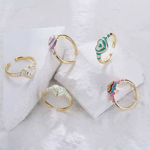 Anello Aperto Regolabile In Smalto A Cuore Sovrapposto Rame Placcato Oro 18K Gioielli Vintage Goccia D'olio Colorati