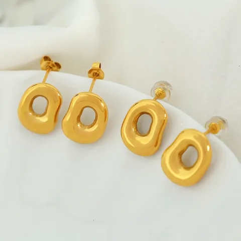 Joyas De Collar Y Pendientes De Óvalo Hueco Irregular Retro De Acero Inoxidable Chapado En Oro De 18K Minimalista
