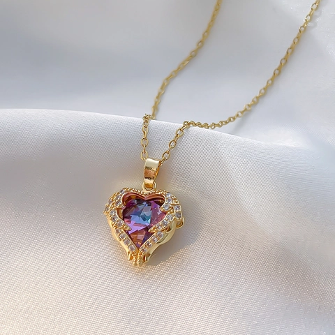 Heart Of The Ocean Titanium Steel Necklace With Zircon Gradient Heart Pendant 18K Gold Plated Luxury Clavicle Chain For Women