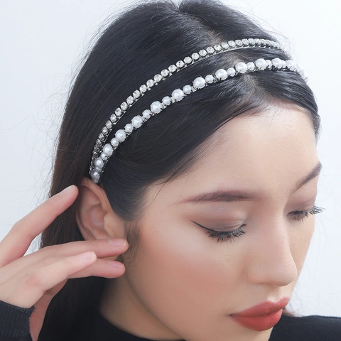 Mehrlagiger Künstliche Perlen Und Straßsteinen Haarreif Glänzendes Metall Haarband Elegante Mode Haarstyling Accessoires Für Frauen