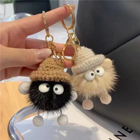 Petit Porte-Clés Monstre Mignon En Fausse Fourrure De Vison Peluche Bijou De Sac Avec Bonnet En Tricot Et Grands Yeux