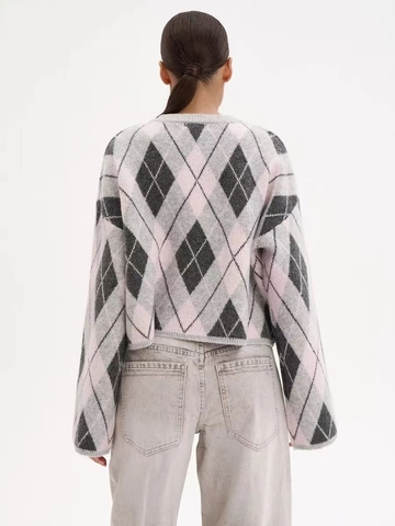 Pull En Tricot À Losanges Pour Femmes Col Rond Manches Longues Court Coton Polyester Rétro Décontracté