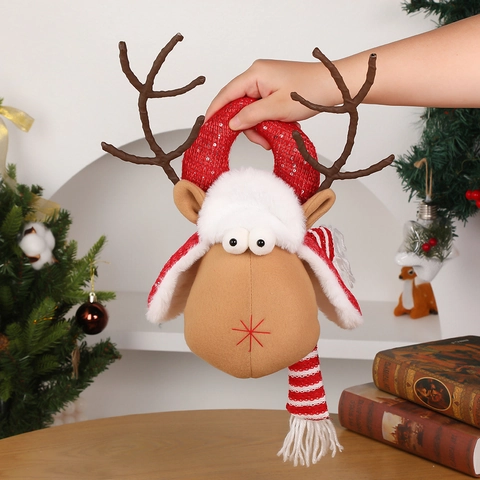 Adorno De Peluche De Reno De Navidad Sombrero De Lentejuelas Bufanda A Rayas Decoración Para Colgar En La Puerta Del Hogar Fiesta