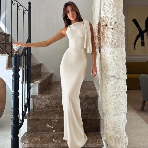 Single Shoulder Mouwloze Maxi Jurk Polyester Spandex Slim Fit Gedrapeerd Detail Elegante Avondjurk Feest Sociale Evenementen Vrouwen