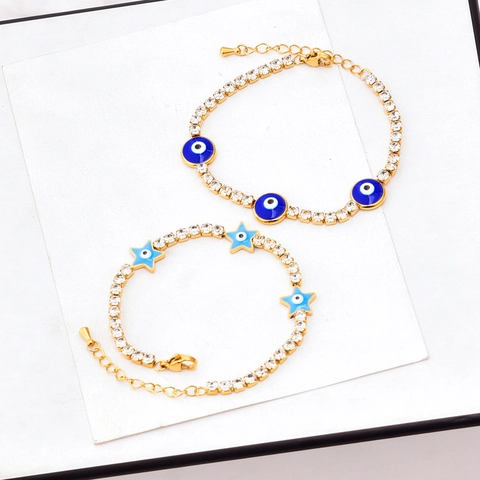Titanstahl Böser Blick Armband Für Damen Zirkonia Eingelegt Gold Überzogen Stern Oval Rund Anhänger Verstellbare Kette Schmuck