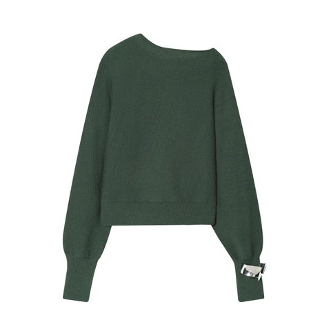 Women Asymmetric Neckline Knit Sweater Off Shoulder Long Sleeve Solid Dark Green With Metal Cuff Detail Pullover Top