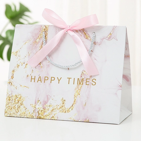 Marble Pattern Paper Gift Bag With Ribbon Bow Handheld Packaging For Wedding Party Celebration Happy Times