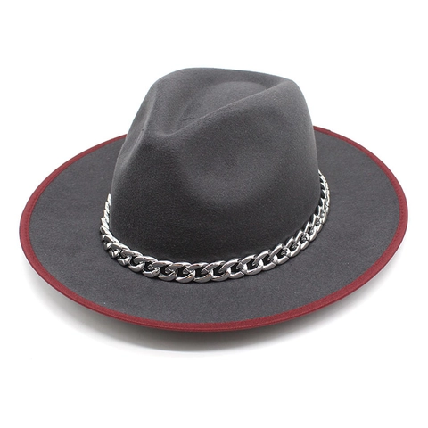 Vintage Fedora Hat Woolen Felt Wide Brim With Metal Chain Contrast Color Edging Trendy Jazz Cap Elegant Warm Headwear