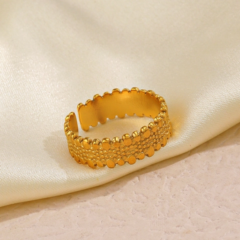 Stainless Steel Geometric Beaded Texture Open Adjustable Ring Gold Plated Minimalist Hip Hop Fashion Jewelry For Women