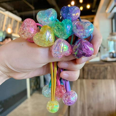Kids Hair Ties Elastic Heart Shape Acrylic Iridescent Glitter Ball Ponytail Holders Handmade Accessories For Girls