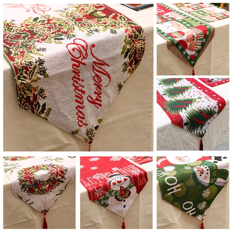 Christmas Table Runner And Placemat Cotton Linen Jacquard Reindeer Snowflake Tassel Holiday Dining Home Decor