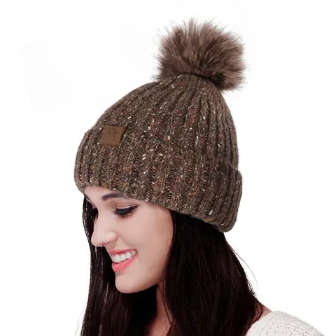 Bonnet En Tricot D'Hiver Pour Femmes Mélange De Laine Chaud Doublé Polaire Avec Pompon En Fausse Fourrure Écusson Neige