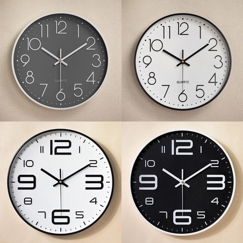 Modern Silent Wall Clock Quartz Minimalist Round Plastic Decorative Raised Digital Numerals Battery Operated