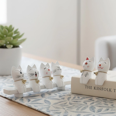 Wooden Cat Figurines Desktop Ornaments With Golden Bells Cute Expressions Home Office Decor Minimalist Style