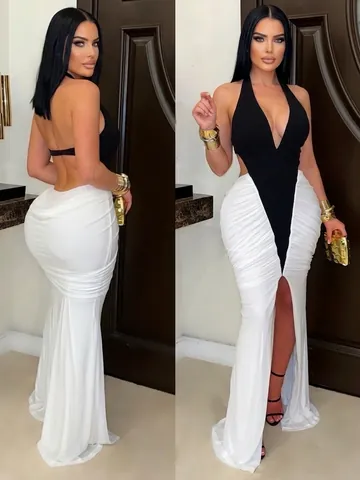 Neckholder Maxi Kleid Schwarz Weiß Patchwork Gerafft Hoher Schlitz Rückenfrei Bodycon Polyester Elasthan Sexy Elegant Bankett