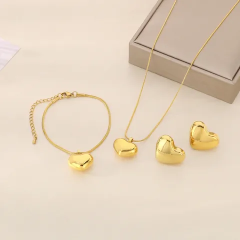 Set di Gioielli a Cuore Liscio 3D in Acciaio Inossidabile Minimalista da Donna Oro Argento Galvanizzato Catena a Serpente Collana Bracciale Orecchini