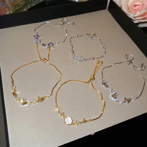 Adjustable Sliding Bracelet Zircon Heart Hollow Flower Starfish Shell Pendant Gold Silver Plated Elegant Jewelry Women