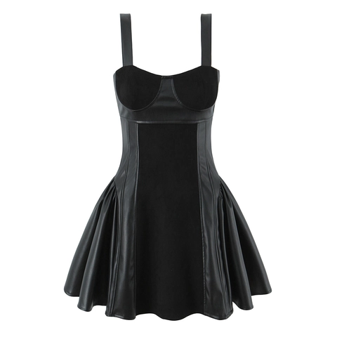 Damen Sexy Schwarzes Minikleid PU Leder Patchwork Eng Tailliert A-Linie Camisole Französischer Vintage Punk Stil