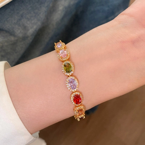 Bracelet En Cuivre Plaqué Or Avec Halo De Zircon Ovale Coloré Style Palais Français Bijoux Élégants Vintage