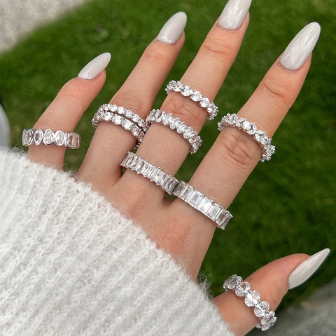 925 Sterling Silver Eternity Ring For Women Full Pave Zirconia Heart Oval Emerald Cut Fashion Simple Jewelry Band Ring