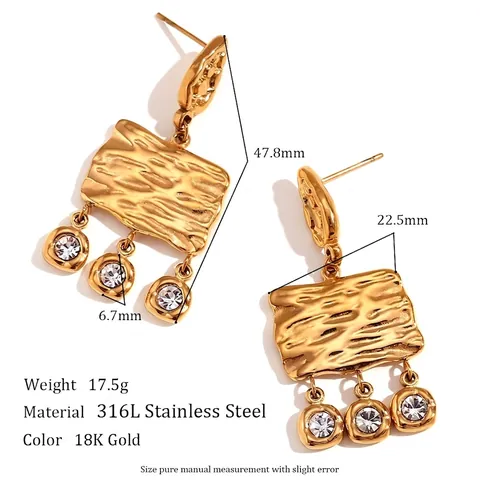 Orecchini Pendenti Vintage in Acciaio Inossidabile Geometrici Martellati Placcati Oro 18K Boho Lunghi Con Strass Donna