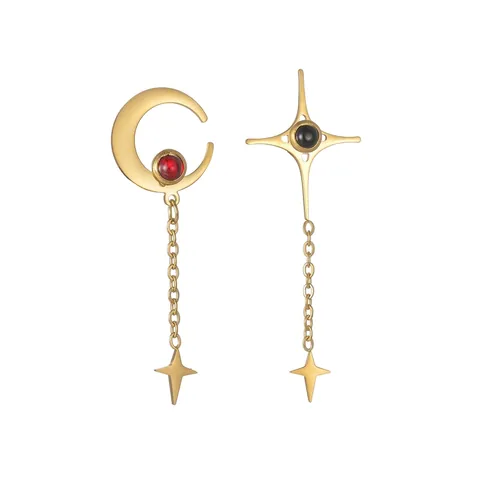 Asymmetrische Stern Mond Quasten Ohrringe 304 Edelstahl Vergoldet Lange Kette Rote Schwarze Perlen Elegant Damen