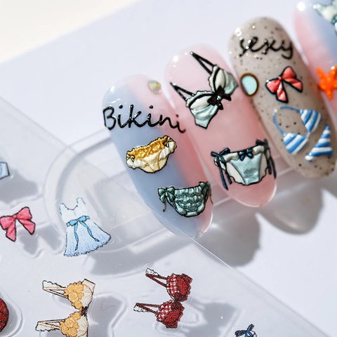 3D Reliëf Nagelkunst Stickers Zomer Hawaii Bikini Sexy Strik Ontwerpen Zelfklevende Stickers Voor Manicure