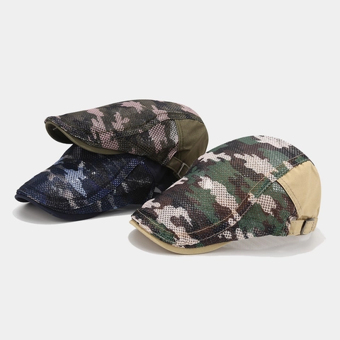 Camouflage Mesh Platte Pet Ademende Zonbescherming Outdoor Casual Verstelbare Voorwaartse Pet Voor Heren Dames