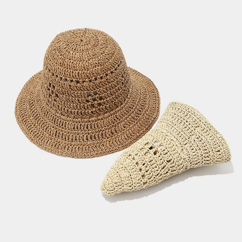 Sombrero De Paja Para Mujer Gorro De Pescador Ganchillo Hecho A Mano Transpirable Ala Ancha Plegable Playa Verano Protección Solar