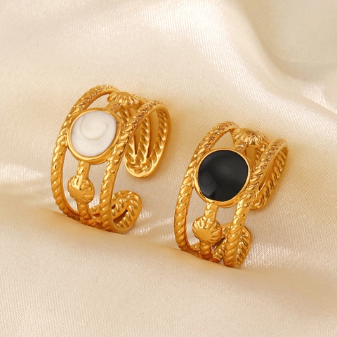 Retro Adjustable Open Ring 18K Gold Plated Stainless Steel Round Shell Enamel Twisted Rope Band For Women
