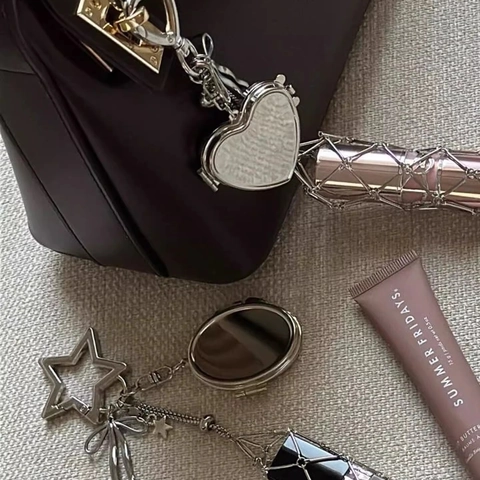 Metal Keychain Mirror Bag Charm Heart Star Shape Bow Decoration Mesh Tassel Korean Style For Women Handbag Pendant