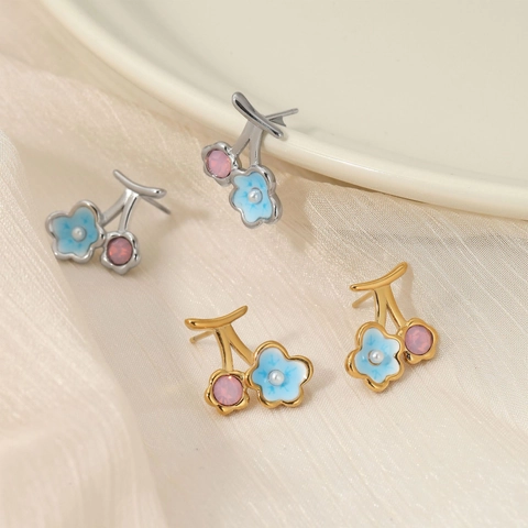 Pendientes De Botón De Cereza Acero Inoxidable 304 Flor Esmalte Perla Artificial De Imitación Cristal Estilo Pastoral Para Mujer