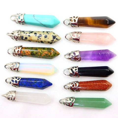 Zeshoekige Kolom Natuursteen Hanger Amethist Rozenkwarts Kristal Geometrisch Hol Metalen Genezing Sieraden