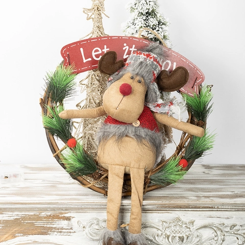 Weihnachts Kranz Rentier Plüsch Rattanring Künstliche Kiefernadeln Tür Wandbehang Dekoration LED Licht