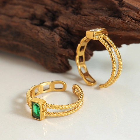Rectangular Zircon Adjustable Open Ring Titanium Steel Gold Plated Twisted Rope Chain Retro Vintage Elegant For Women