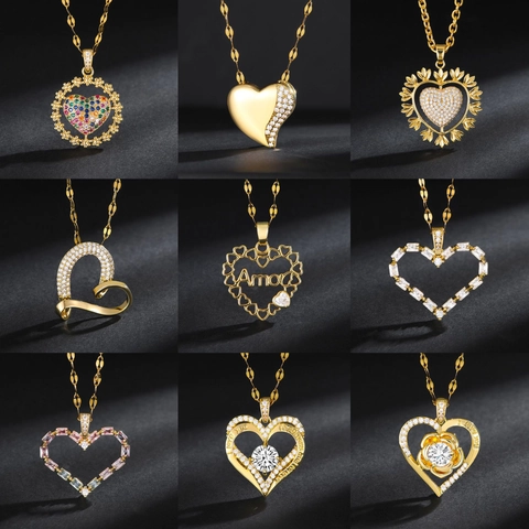 Collana con Ciondolo a Cuore in Rame Placcato Oro Gioielli Intarsiati in Zirconia Elegante Regalo Geometrico per Donna