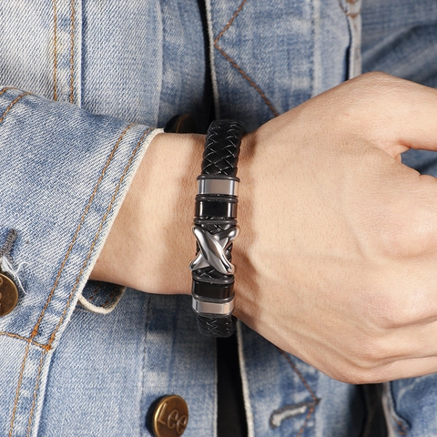 Pulsera Para Hombre De Cuero Trenzado Retro Con Dije De Letra X De Acero Inoxidable Y Cierre Magnético