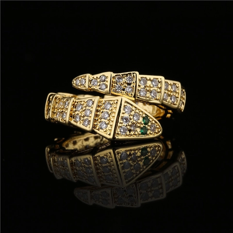 Vintage Snake Ring 18K Gold Plated Copper Green Zircon Eye Micro Pave Jewelry Adjustable Open Band For Women